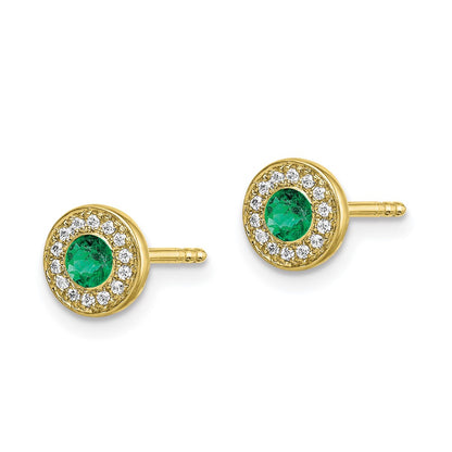 14k Yellow Gold Real Diamond and Emerald Halo Post Earrings