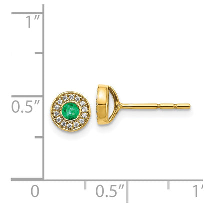 14k Yellow Gold Real Diamond and Emerald Halo Post Earrings