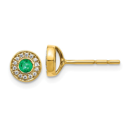 14k Yellow Gold Real Diamond and Emerald Halo Post Earrings
