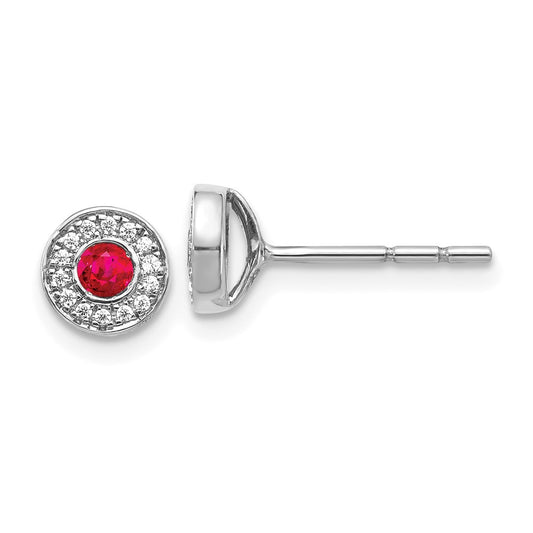 14k White Gold Real Diamond and Ruby Halo Post Earrings