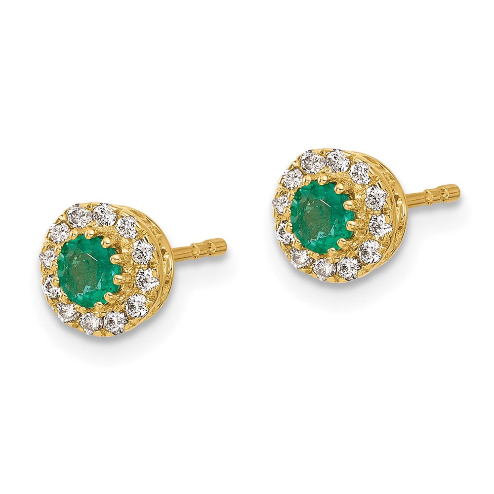 14k Yellow Gold Real Diamond and Emerald Halo Post Earrings