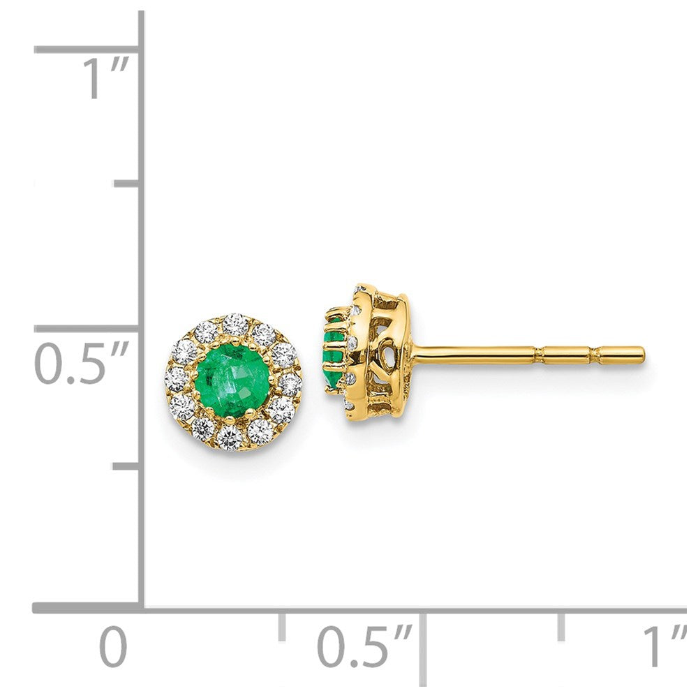 14k Yellow Gold Real Diamond and Emerald Halo Post Earrings