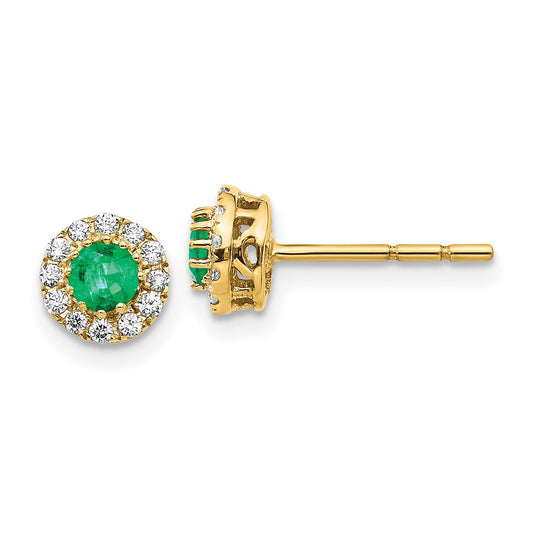 14k Yellow Gold Real Diamond and Emerald Halo Post Earrings