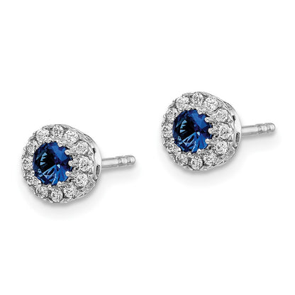 14k White Gold Real Diamond and Blue Sapphire Halo Post Earrings