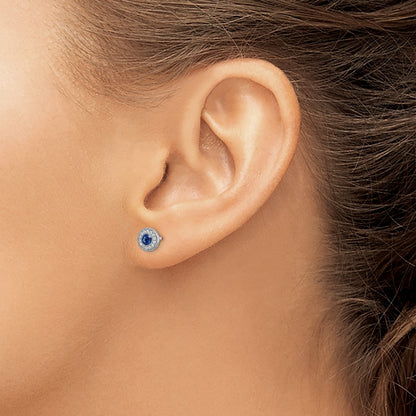 14k White Gold Real Diamond and Blue Sapphire Halo Post Earrings