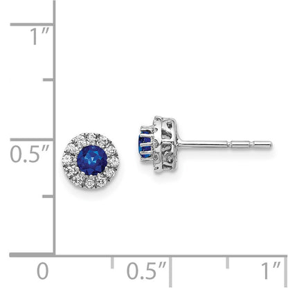14k White Gold Real Diamond and Blue Sapphire Halo Post Earrings