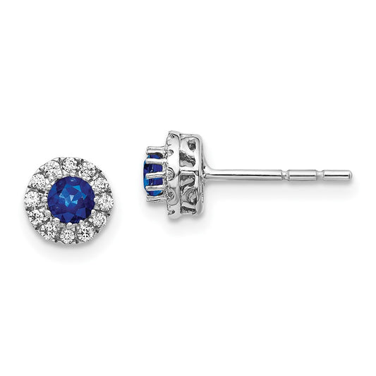 Solid 14k White Gold Simulated CZ and Blue Sapphire Halo Post Earrings