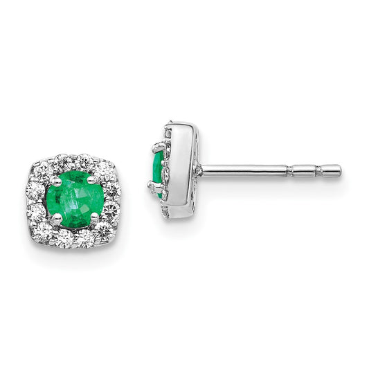 14k White Gold Real Diamond and Emerald Square Halo Earrings