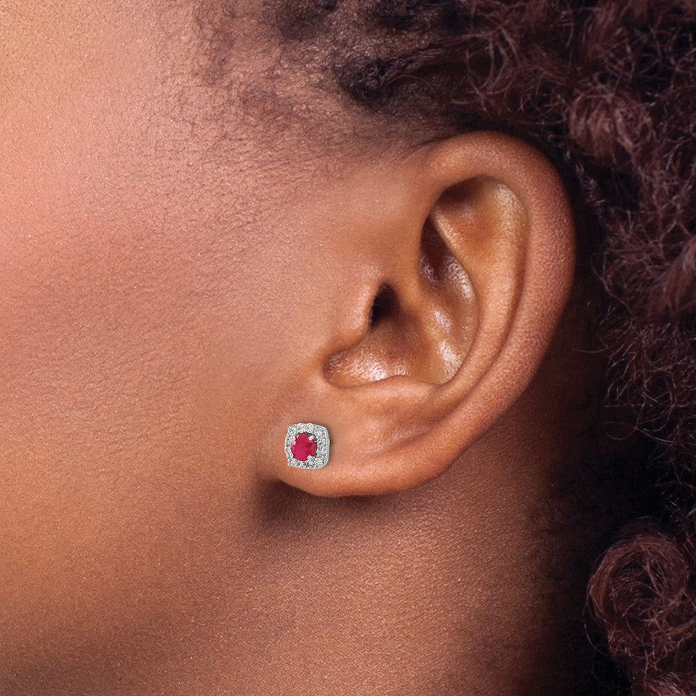 Solid 14k White Gold Simulated CZ and Ruby Square Halo Earrings