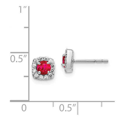 Solid 14k White Gold Simulated CZ and Ruby Square Halo Earrings