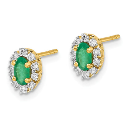 14k Yellow Gold 1/5Ct Real Diamond and Emerald Oval Halo Earrings