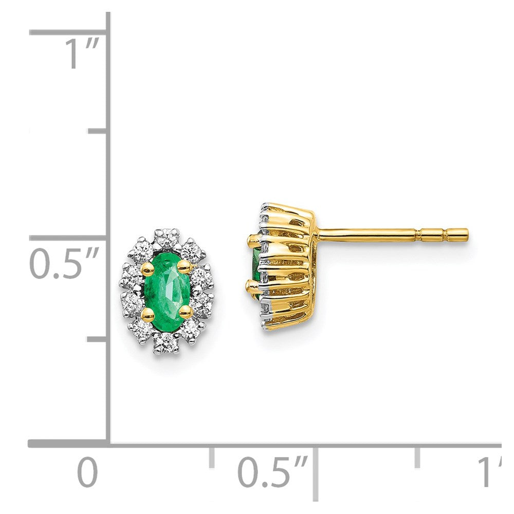 14k Yellow Gold 1/5Ct Real Diamond and Emerald Oval Halo Earrings