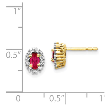 14k Yellow Gold Real Diamond and Ruby Oval Halo Earrings