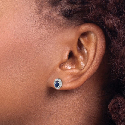 14k White Gold Real Diamond and Sapphire Oval Halo Earrings