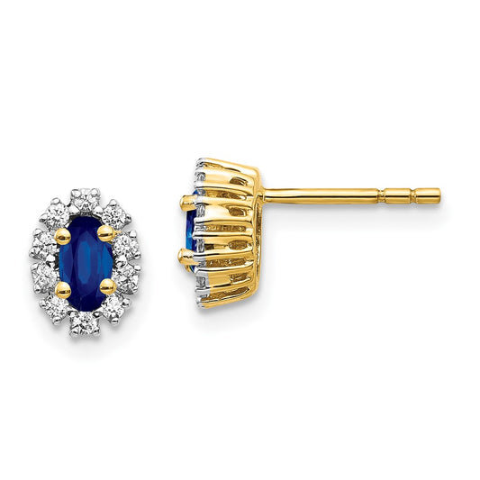 Solid 14k Yellow Gold Simulated CZ and Sapphire Oval Halo Earrings