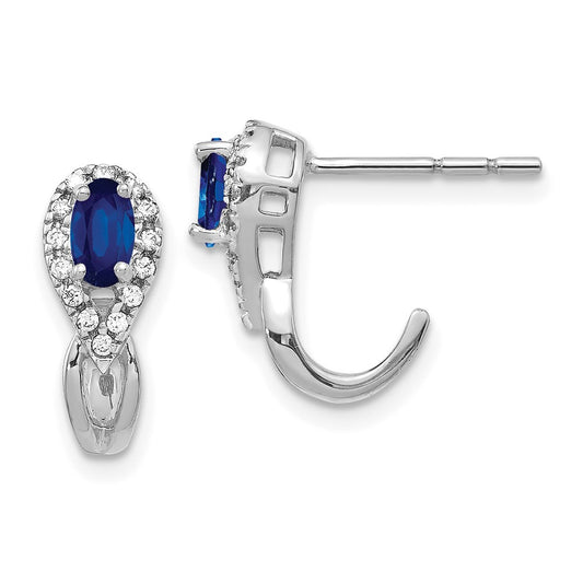 Solid 14k White Gold Simulated CZ and Sapphire J Hoop Post Earrings