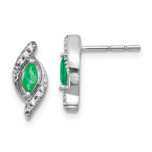 14k White Gold 1/15Ct Real Diamond and Emerald Earrings