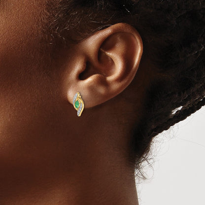 14k Yellow Gold 1/15Ct Real Diamond and Emerald Earrings