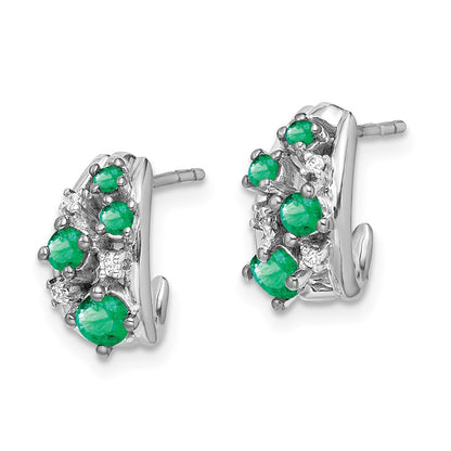 14k White Gold Real Diamond and Emerald Polished Post Hoop Earrings