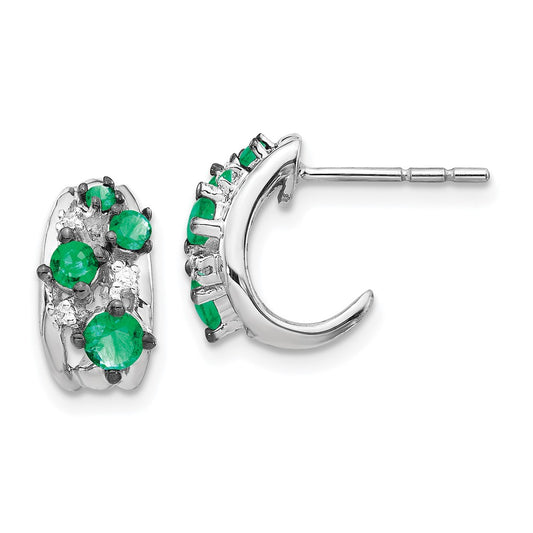 14k White Gold Real Diamond and Emerald Polished Post Hoop Earrings