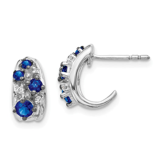 Solid 14k White Gold Simulated CZ and Sapphire Polished Post Hoop Earrings