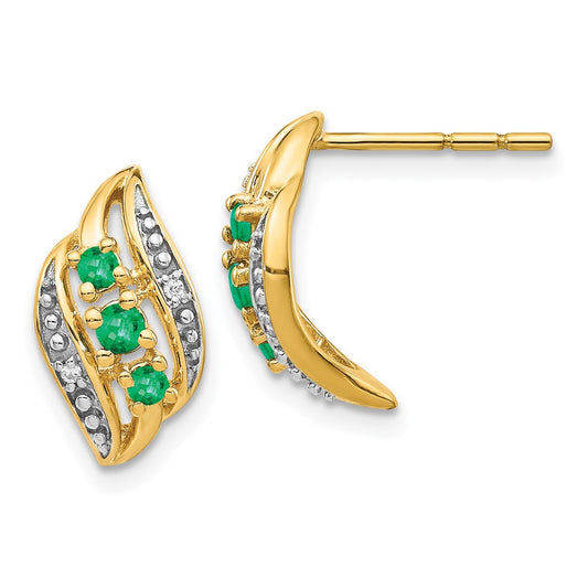 14k Yellow Gold w/ Emerald and Real Diamond Polished Post Earrings