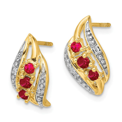 14k Yellow Gold w/ Siam Ruby and Real Diamond Polished Post Earrings