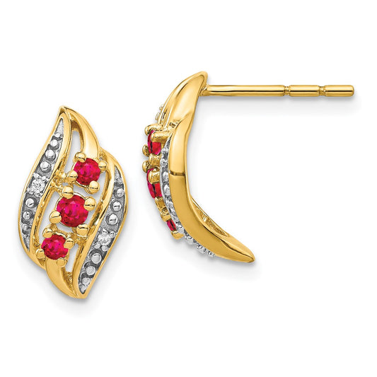 14k Yellow Gold w/ Siam Ruby and Real Diamond Polished Post Earrings