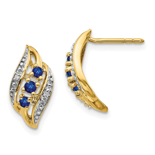 Solid 14k Yellow Gold w/ Simulated Sapphire and CZ Polished Post Earrings