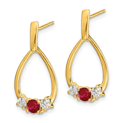 Solid 14k Yellow Gold Simulated Ruby and White Sapphire Post Dangle Earrings
