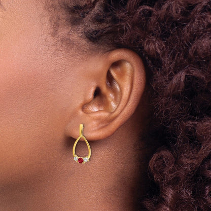 Solid 14k Yellow Gold Simulated Ruby and White Sapphire Post Dangle Earrings