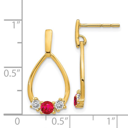 Solid 14k Yellow Gold Simulated Ruby and White Sapphire Post Dangle Earrings