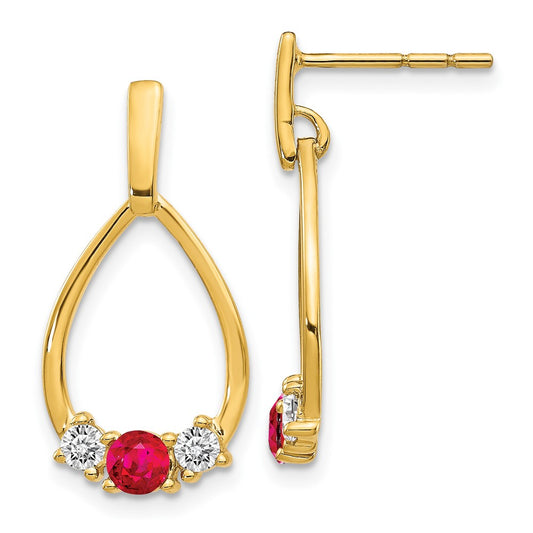 Solid 14k Yellow Gold Simulated Ruby and White Sapphire Post Dangle Earrings