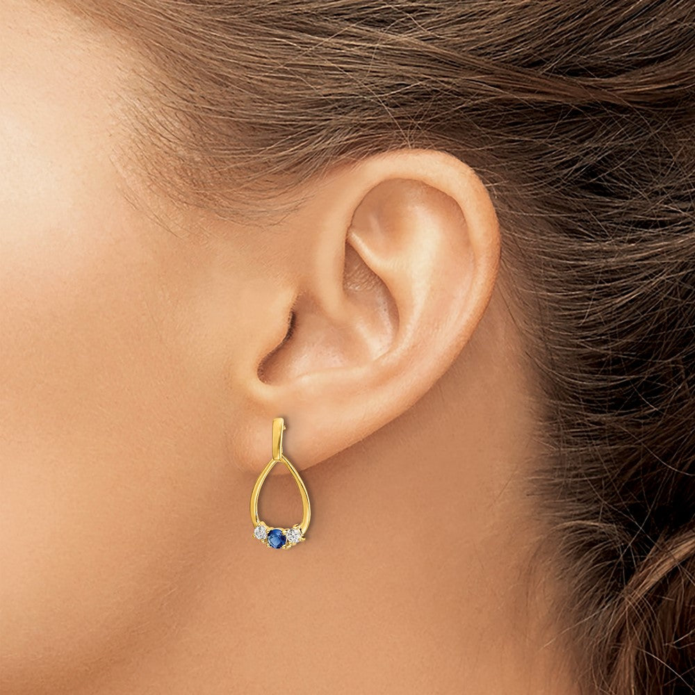 Solid 14k Yellow Gold Blue and White Simulated Sapphire Post Dangle Earrings