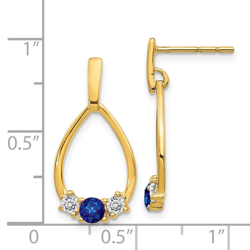 Solid 14k Yellow Gold Blue and White Simulated Sapphire Post Dangle Earrings