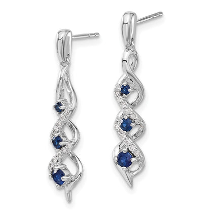 14k White Gold Real Diamond and Blue Sapphire Post Dangle Earrings