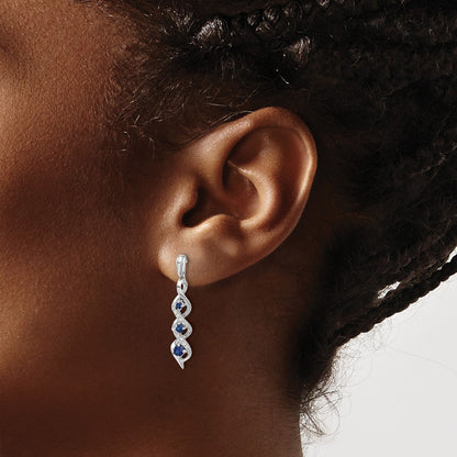 14k White Gold Real Diamond and Blue Sapphire Post Dangle Earrings