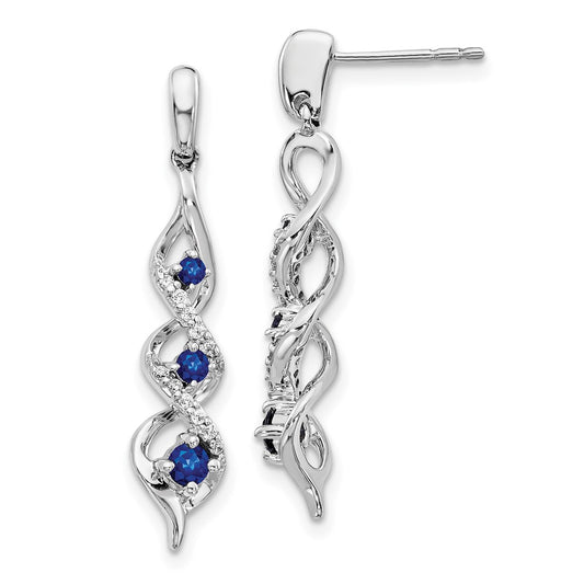 Solid 14k White Gold Simulated CZ and Blue Sapphire Post Dangle Earrings