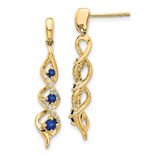Solid 14k Yellow Gold Simulated CZ and Blue Sapphire Post Dangle Earrings