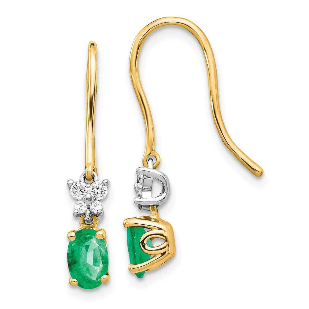 14k Yellow Gold 1/8ct Real Diamond and Oval Emerald Shepherd Hook Earrings EM5600-EM-013-YWA
