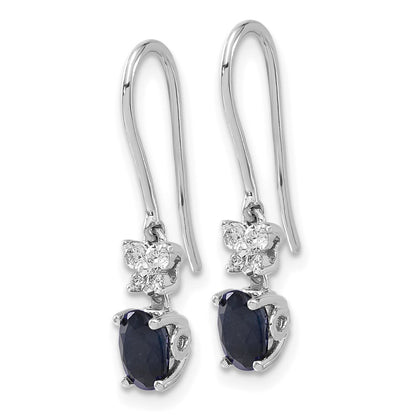 14k White Gold Real Diamond and Oval Sapphire Shepherd Hook Earrings