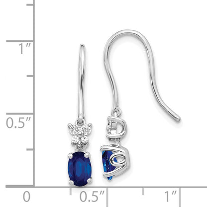 14k White Gold Real Diamond and Oval Sapphire Shepherd Hook Earrings