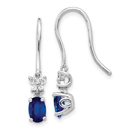 Solid 14k White Gold Simulated CZ and Oval Sapphire Shepherd HooK Earrings