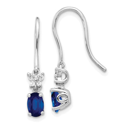 14k White Gold Real Diamond and Oval Sapphire Shepherd Hook Earrings