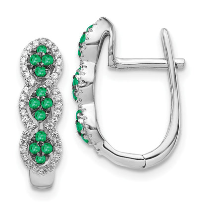 14k White Gold Real Diamond and Emerald Hinged Earrings