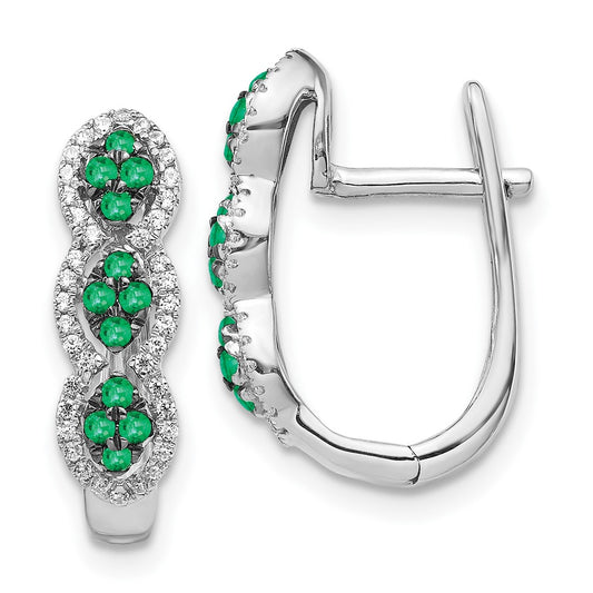 14k White Gold Real Diamond and Emerald Hinged Earrings
