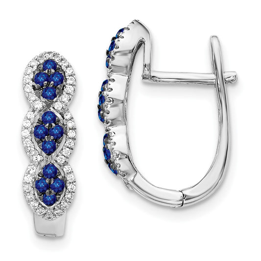 Solid 14k White Gold Simulated CZ and Blue Sapphire Hinged Earrings