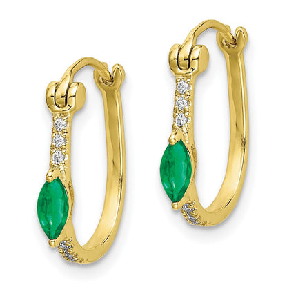 14k Yellow Gold 1/20ct Real Diamond and Emerald Hinged Hoop Earrings