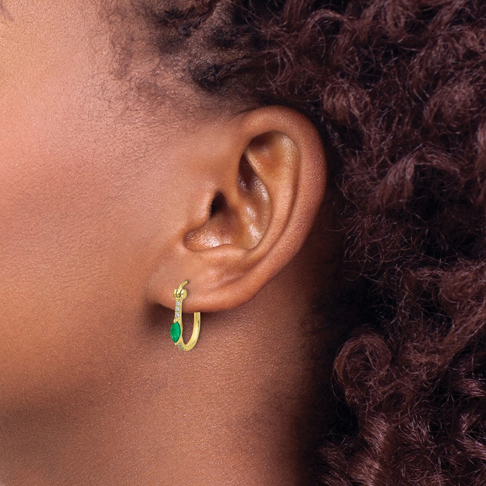 14k Yellow Gold 1/20ct Real Diamond and Emerald Hinged Hoop Earrings