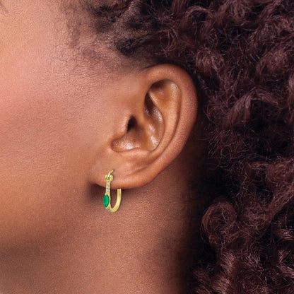 14k Yellow Gold 1/20ct Real Diamond and Emerald Hinged Hoop Earrings
